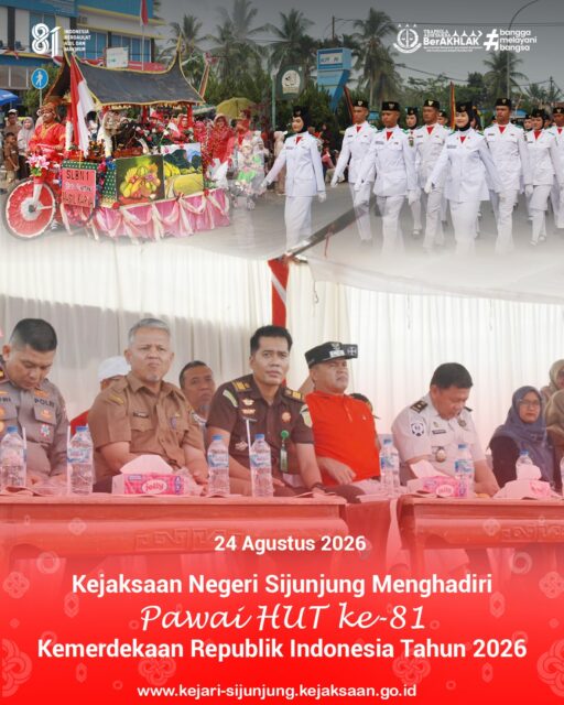 Kejari Sijunjung – Senin, 24 Agustus 2026. Kepala Seksi Intelijen, Bapak Muchammad Huzaifi, S.H., M.H., menghadiri kegiatan Pawai dalam rangka memperingati dan memeriahkan Hari Ulang Tahun (HUT) ke-81 Kemerdekaan Republik Indonesia Tahun 2026.

Kegiatan tersebut turut dihadiri oleh Wakil Bupati Sijunjung, Sekretaris Daerah Kabupaten Sijunjung, unsur Forkopimda, kepala OPD, serta berbagai unsur dan elemen masyarakat Kabupaten Sijunjung. Pawai berlangsung meriah dan penuh semangat kebersamaan.

Kehadiran Kejaksaan Negeri Sijunjung merupakan bentuk partisipasi dalam memeriahkan HUT ke-81 Kemerdekaan Republik Indonesia sekaligus mempererat silaturahmi dan semangat persatuan di Kabupaten Sijunjung.

#kejaksaanri 
#kejarisijunjung