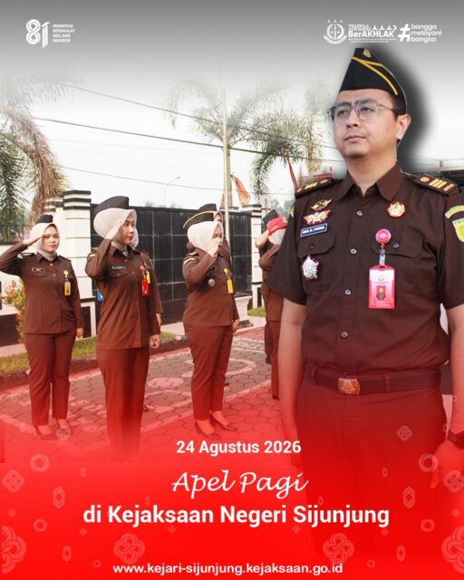 Kejari Sijunjung – Senin, 24 Agustus 2026. Kepala Seksi Pemulihan Aset dan Pengelolaan Barang Bukti Kejaksaan Negeri Sijunjung, Bapak Eka Kurniawan Putra, S.H., M.H., memimpin pelaksanaan Apel Pagi yang bertempat di halaman Kantor Kejaksaan Negeri Sijunjung. Kegiatan tersebut diikuti oleh para Kasi, Kasubagbin, Kasubsi, serta seluruh pegawai Kejaksaan Negeri Sijunjung. Apel pagi dilaksanakan sebagai sarana untuk memperkuat kedisiplinan, meningkatkan kekompakan, serta memastikan kesiapan seluruh jajaran dalam menjalankan tugas dan tanggung jawab masing-masing.

Dalam arahannya, Kepala Seksi PAPBB menekankan kepada seluruh jajaran agar senantiasa menjaga disiplin, meningkatkan koordinasi dan komunikasi antarbidang, serta melaksanakan setiap tugas dengan penuh tanggung jawab dan profesional. Melalui kegiatan apel pagi ini, diharapkan seluruh pegawai Kejaksaan Negeri Sijunjung dapat terus meningkatkan kinerja, menjaga integritas, dan memberikan pelayanan serta kontribusi terbaik bagi institusi.

Apel pagi dikomandoi oleh Padry Adriwinata, S.H.

 — PELAKSANA —

Tri Krama Adhyaksa: Dona Efgadwi Putri, A.Md.
Core Value ASN: Shafira