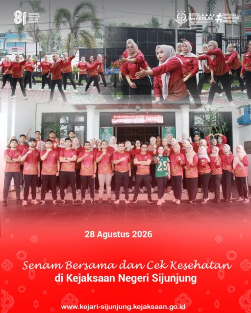 Kejari Sijunjung – Jumat, 28 Agustus 2026. Kejaksaan Negeri Sijunjung melaksanakan kegiatan senam bersama yang diikuti oleh Kepala Kejaksaan Negeri Sijunjung, Bapak Muhammad Ali, S.H., M.Kn., para Kepala Seksi, serta seluruh pegawai Kejaksaan Negeri Sijunjung.

Selain senam bersama, kegiatan juga dilanjutkan dengan pemeriksaan kesehatan bagi seluruh pegawai sebagai bentuk perhatian terhadap kebugaran dan kesehatan jajaran Kejaksaan Negeri Sijunjung.

Melalui kegiatan ini, diharapkan seluruh pegawai tetap sehat, bugar, dan semangat dalam menjalankan tugas serta memberikan pelayanan terbaik kepada masyarakat.

#kejaksaanri 
#kejarisijunjung