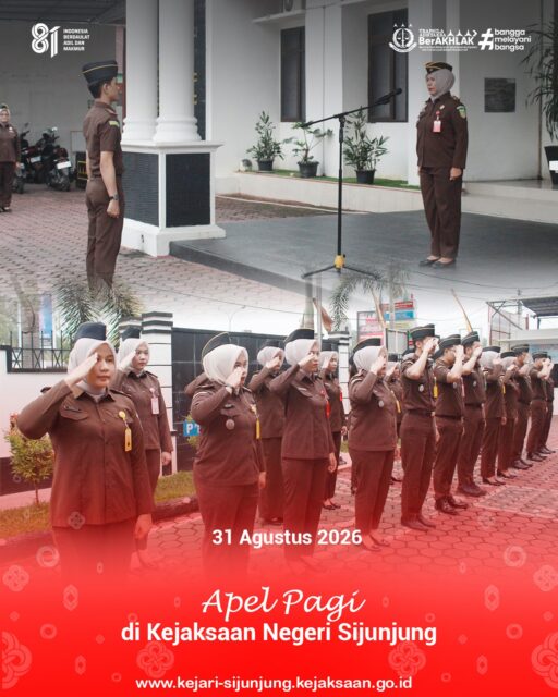 Kejari Sijunjung – Senin, 31 Agustus 2026. Kejaksaan Negeri Sijunjung melaksanakan Apel Pagi yang dipimpin oleh Kepala Seksi Tindak Pidana Umum, Ibu Yelli Nelvia, S.H., M.H., di halaman Kantor Kejaksaan Negeri Sijunjung. Kegiatan ini diikuti oleh para Kepala Seksi, para Kasubsi, serta seluruh pegawai Kejaksaan Negeri Sijunjung.

Dalam amanatnya, pembina apel mengingatkan pentingnya menjaga kedisiplinan, profesionalisme, dan integritas dalam pelaksanaan tugas, serta meningkatkan kualitas pelayanan kepada masyarakat. Apel pagi berlangsung dengan tertib dan khidmat sebagai wujud komitmen seluruh insan Adhyaksa untuk terus memperkuat koordinasi, disiplin kerja, dan mewujudkan Kejaksaan yang profesional, humanis, dan terpercaya.

Apel pagi dikomandoi oleh M. Fahrul Hisbi, S.H.
— PELAKSANA —

Tri Krama Adhyaksa: Tiara Safira Nissa, S.Ak.
Core Value ASN: Velya Rachim

#kejaksaanri 
#kejarisijunjung