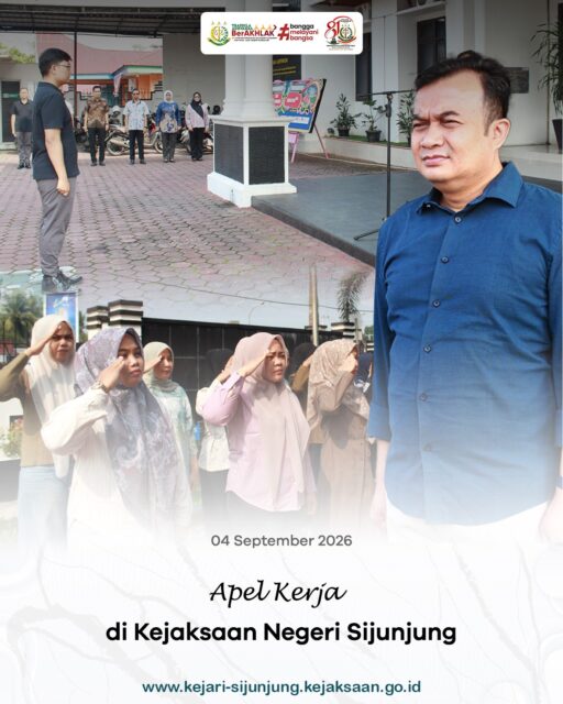 Kejari Sijunjung – Jumat, 04 September 2026, bertempat di halaman Kantor Kejaksaan Negeri Sijunjung, telah dilaksanakan Apel Sore yang dipimpin oleh Kepala Seksi Tindak Pidana Khusus, Bapak Dedy Fajar Nugroho, S.H. Kegiatan tersebut diikuti oleh para Kepala Seksi, Kasubsi, dan seluruh pegawai Kejaksaan Negeri Sijunjung serta berlangsung dengan tertib dan lancar.

Dalam arahannya, beliau mengingatkan seluruh pegawai untuk senantiasa menjaga kedisiplinan, integritas, dan tanggung jawab dalam melaksanakan tugas. Apel sore ini menjadi momentum untuk memperkuat semangat kerja, meningkatkan profesionalitas, serta menjaga kekompakan dalam memberikan pelayanan dan melaksanakan tugas secara optimal.

#kejaksaanri 
#kejarisijunjung