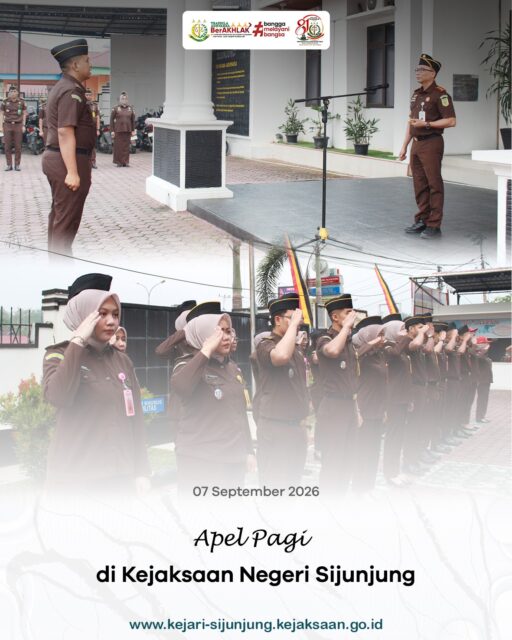 Kejari Sijunjung – Senin, 07 September 2026. Kepala Kejaksaan Negeri Sijunjung, Bapak Muhammad Ali, S.H., M.Kn., memimpin Apel Pagi di halaman Kantor Kejaksaan Negeri Sijunjung. Apel pagi ini diikuti oleh para Kasi, Kasubagbin, Kasubsi, serta seluruh pegawai Kejaksaan Negeri Sijunjung. Kegiatan ini merupakan wujud komitmen dalam meningkatkan kedisiplinan, kinerja, serta memperkuat semangat kebersamaan dalam menjalankan tugas dan fungsi sebagai aparat penegak hukum.

Dalam amanatnya, Kepala Kejaksaan Negeri Sijunjung menekankan pentingnya kesiapan seluruh jajaran dalam melaksanakan tugas. Setiap bidang diingatkan untuk memastikan kelengkapan administrasi, meningkatkan koordinasi, serta bekerja secara optimal guna mewujudkan profesionalisme dan integritas.

#kejaksaanri 
#kejarisijunjung